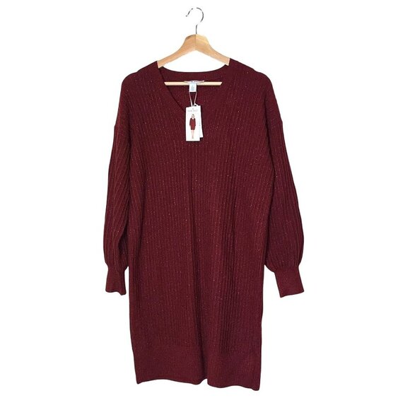NWT Nine West Lurex V-Neck Sweater Dress Syrah Womens size Large - Picture 1 of 8
